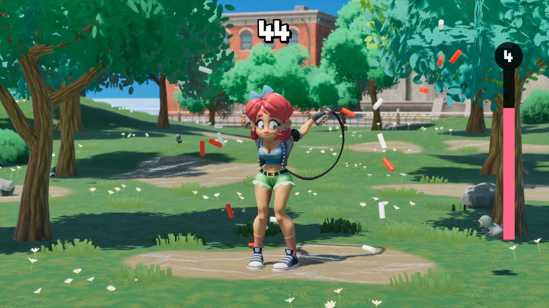 Scarlet reacting as rope segments break during a difficult run